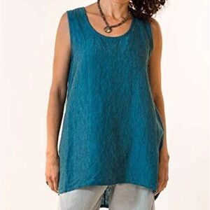 Bryn Walker Women L Teal Lagenlook Sleeveless Hi-Low Napol Linen Lois Tunic Top